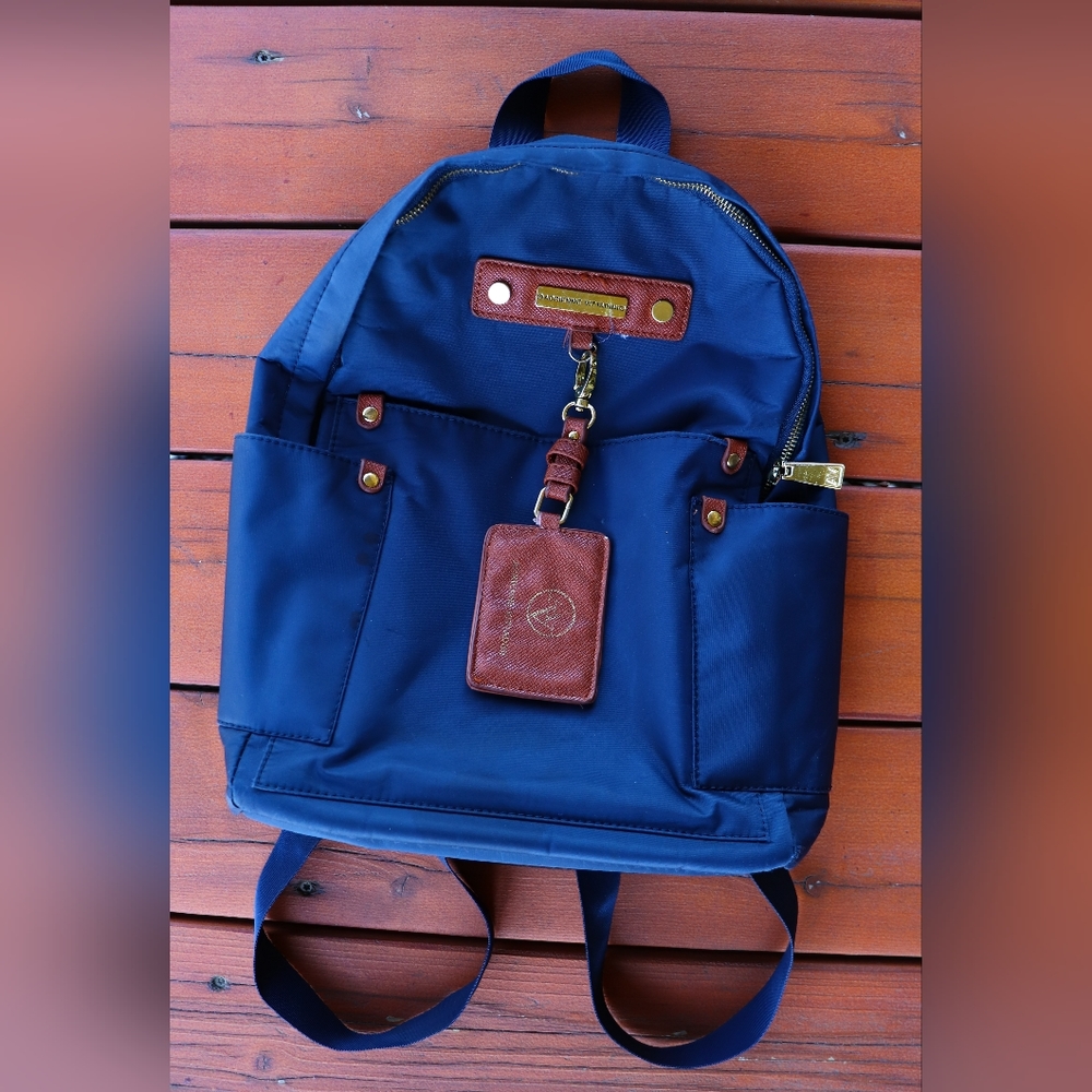 Adrienne Vittadini Travel Light Collection Nylon Backpack Navy Blue & Brown